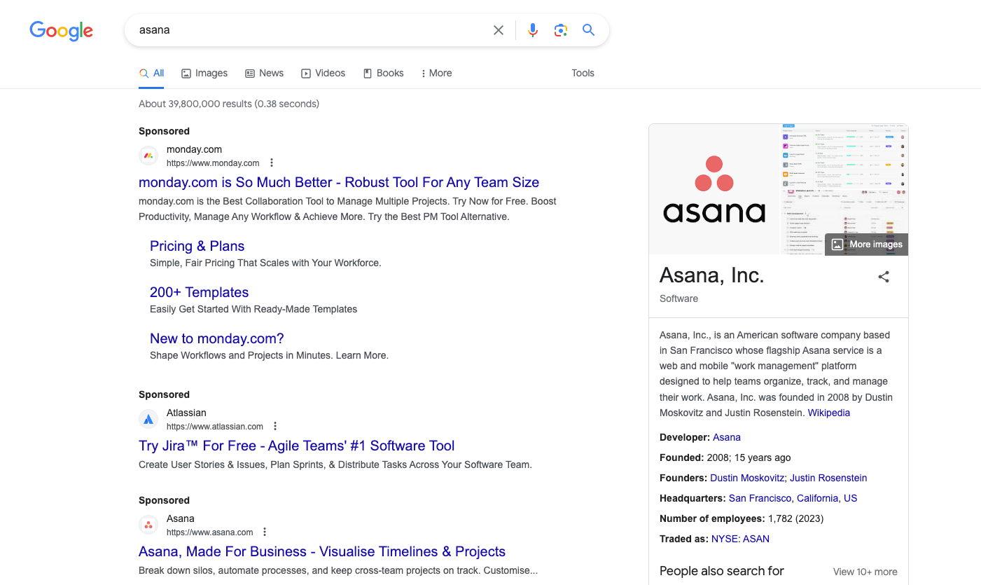 Example branded search results page showing competitor ads bidding on a company's own brand keywords
