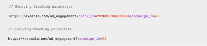Illustration of Safari stripping identifying tracking parameters from a URL while leaving non-identifiable parts intact